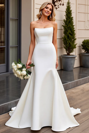 Élégante robe de mariée sans bretelles sirène en satin ivoire